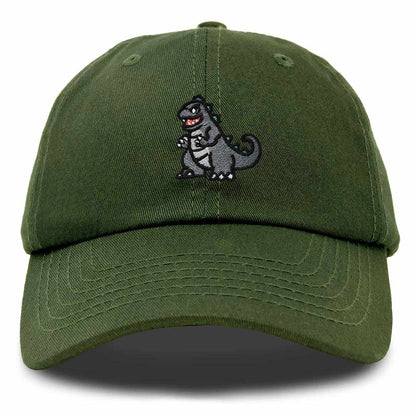 Dalix Giant Lizard Kaiju Embroidered Cotton Dad Hat Baseball Cap Adjustable Glow in the Dark Mens in Olive