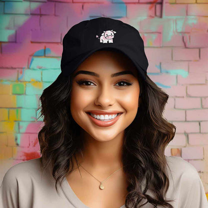 Dalix Strawberry Cow Embroidered Womens Cotton Dad Hat Baseball Cap in Black