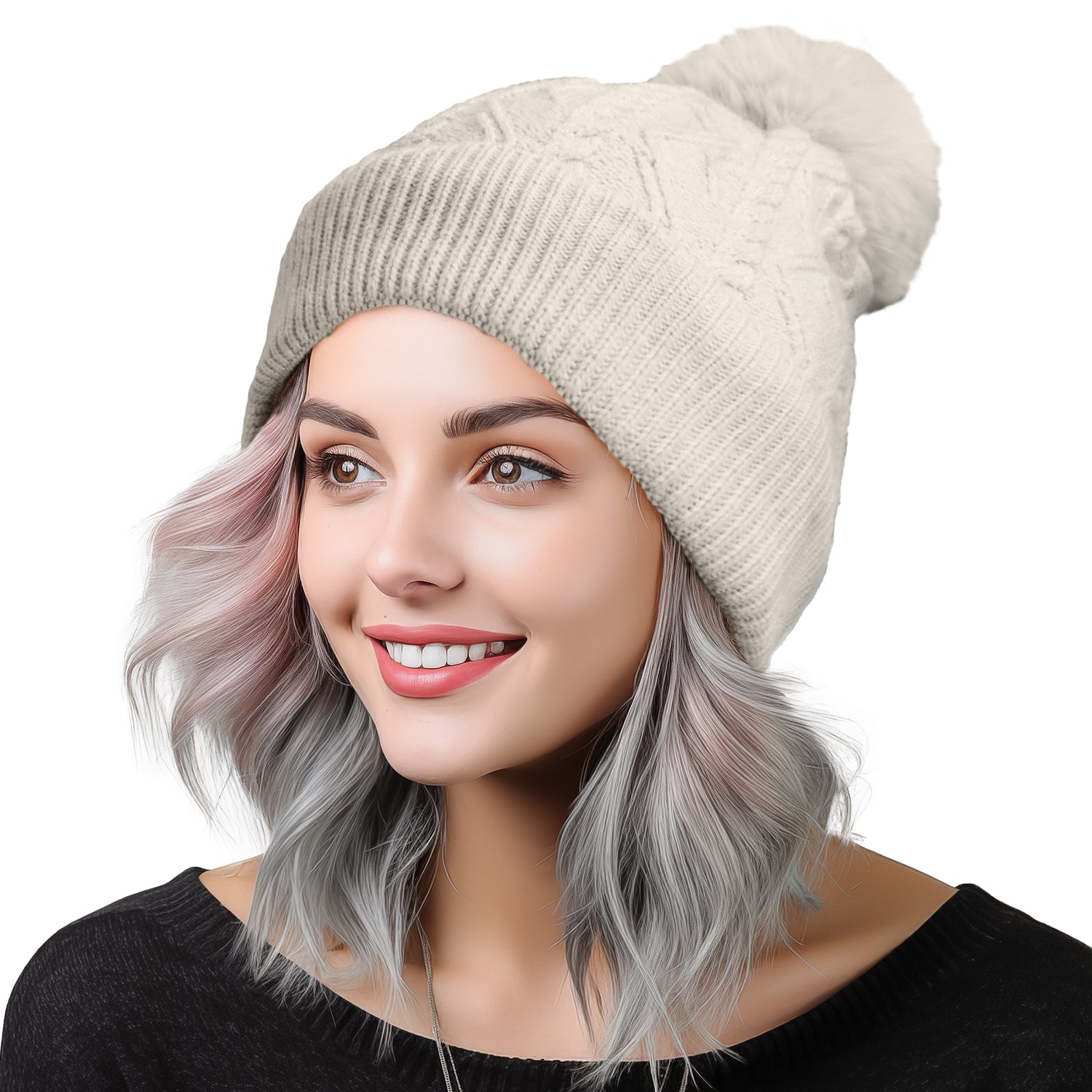 Dalix Cable Knit Pom Beanie in Cream