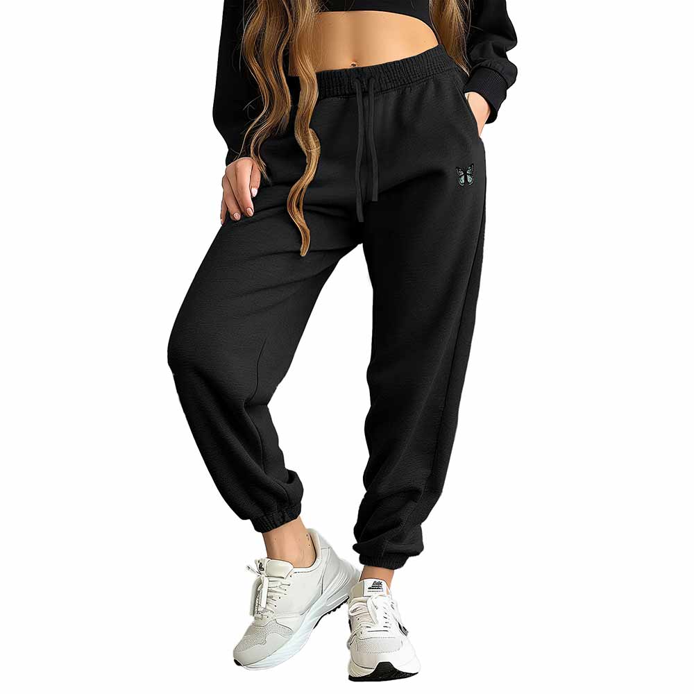 Dalix Butterfly Embroidered Fleece Jogger Cuff Sweatpant Sweats Soft Warm Cute Womens in Black 2XL XX-Large