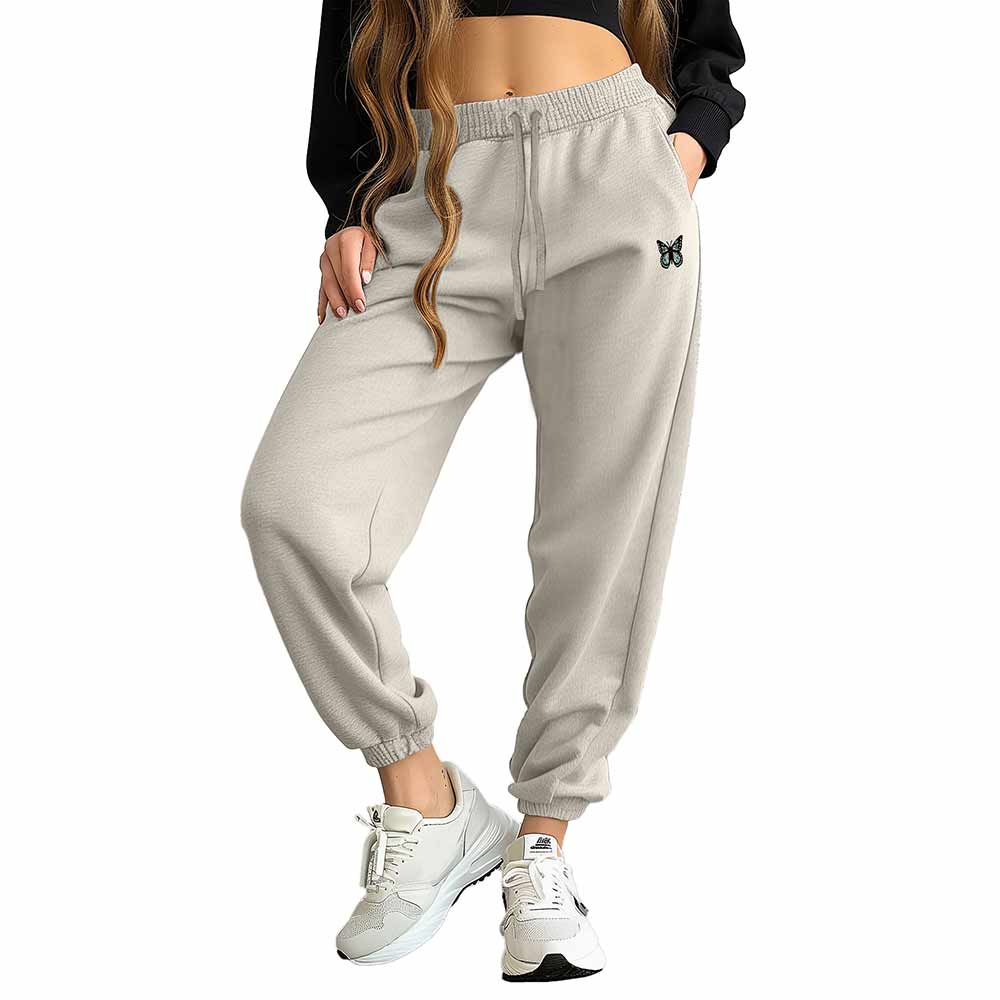 Dalix Butterfly Embroidered Fleece Jogger Cuff Sweatpant Sweats Soft Warm Cute Womens in Bone 2XL XX-Large