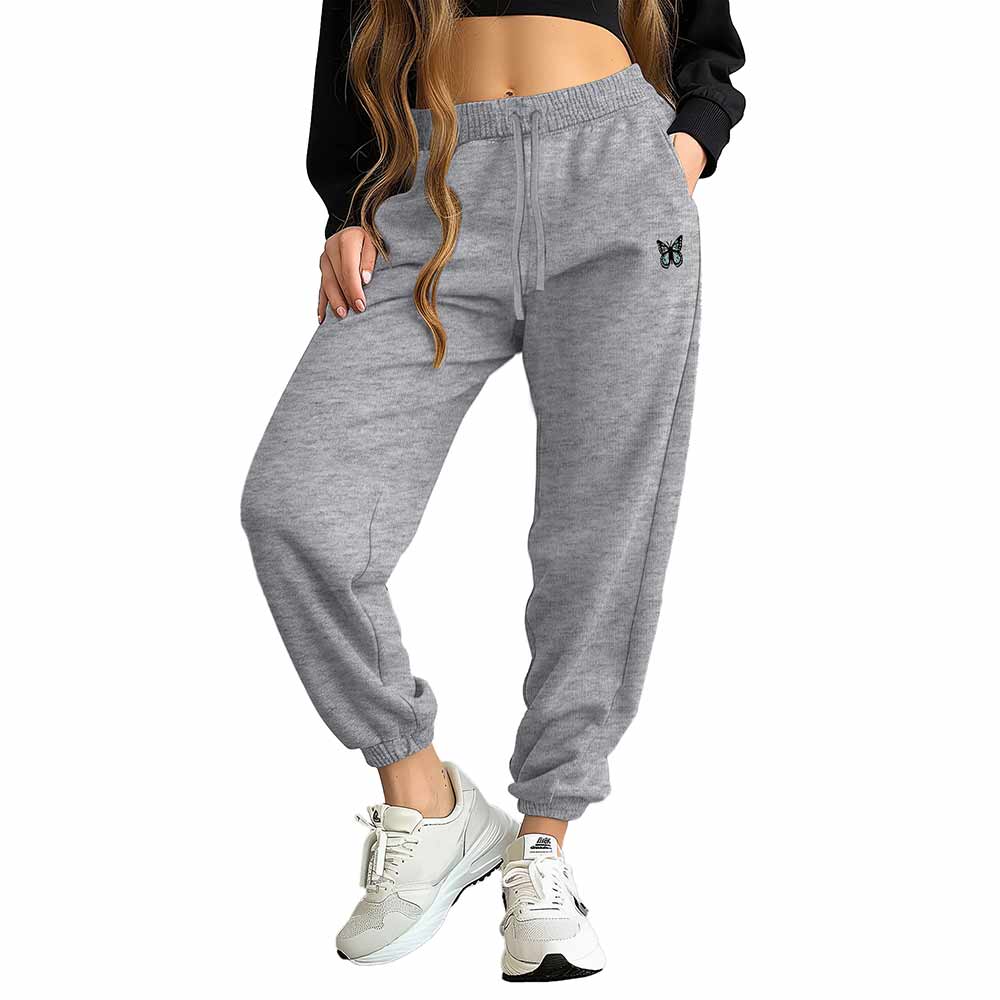 Dalix Butterfly Embroidered Fleece Jogger Cuff Sweatpant Sweats Soft Warm Cute Womens in Htr Gray 2XL XX-Large