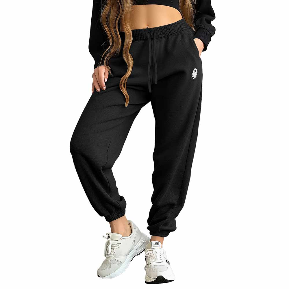 Dalix Ghost Embroidered Fleece Jogger Cuff Sweatpant Sweats Soft Warm Cute Womens in Black 2XL XX-Large