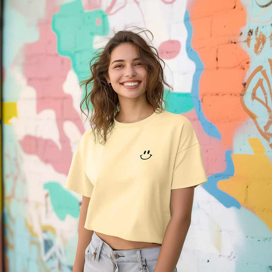 Dalix Smile Face Boxy Short Sleeve Tee Relaxed Summer Cotton Garment Dyed Womens in Yellow 2XL XX-Large