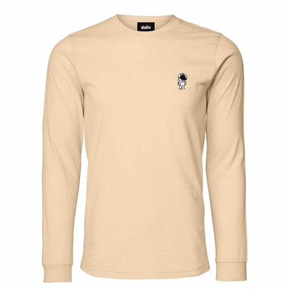 Dalix Astronaut Embroidered Cotton Classic Fit Long Sleeve Crewneck Tee Shirt Mens in Soft Cream 2XL XX-Large
