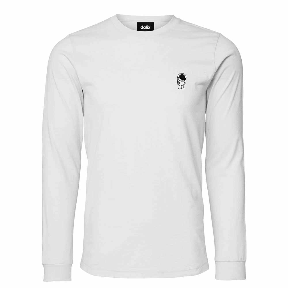 Dalix Astronaut Embroidered Cotton Classic Fit Long Sleeve Crewneck Tee Shirt Mens in White 2XL XX-Large