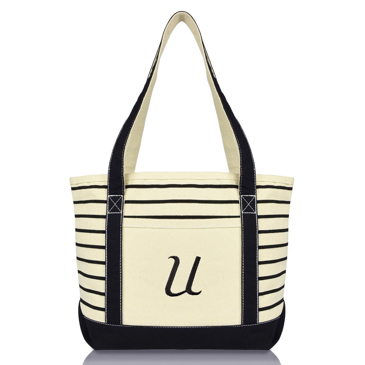 Dalix Striped U-Initial Tote Bag Womens Ballent Letter U