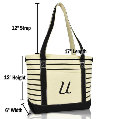 Dalix Striped U-Initial Tote Bag Womens Ballent Letter U