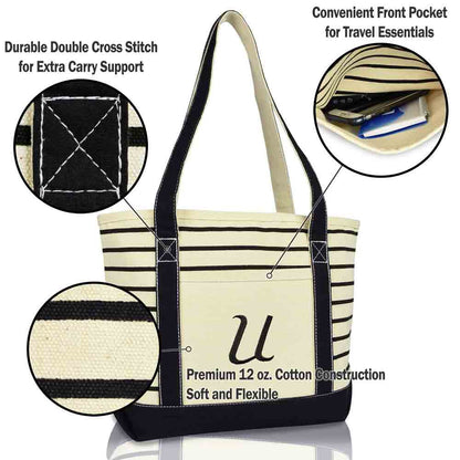 Dalix Striped U-Initial Tote Bag Womens Ballent Letter U