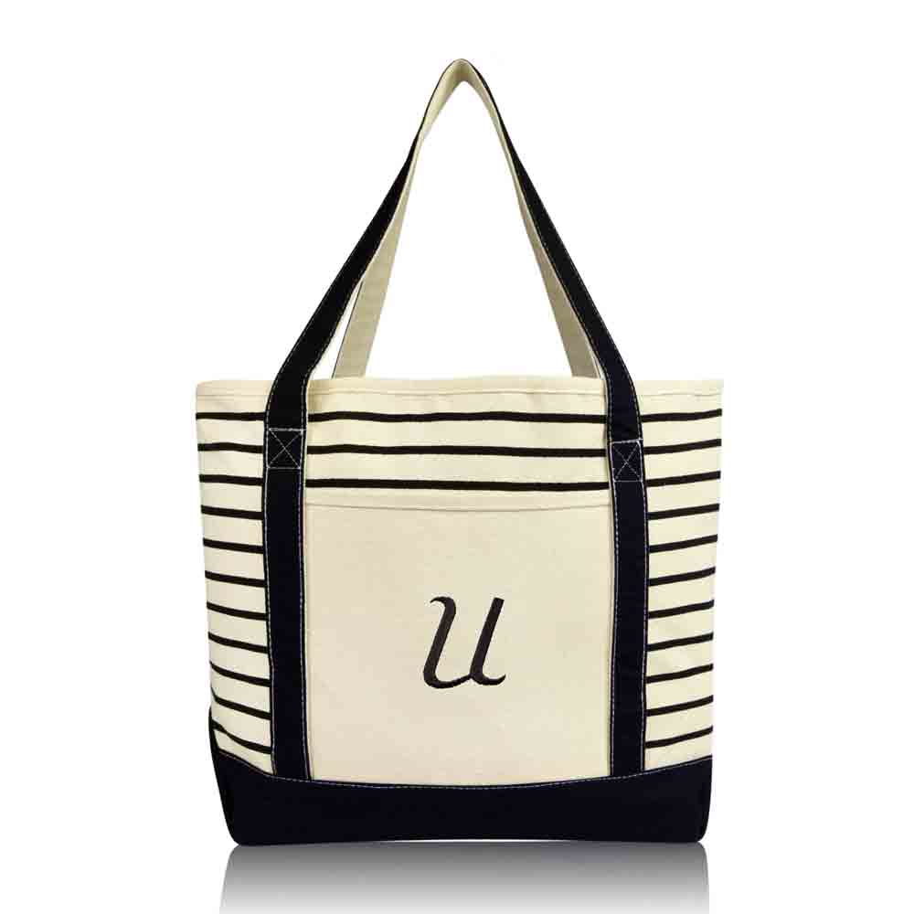 Dalix Striped U-Initial Tote Bag Womens Ballent Letter U