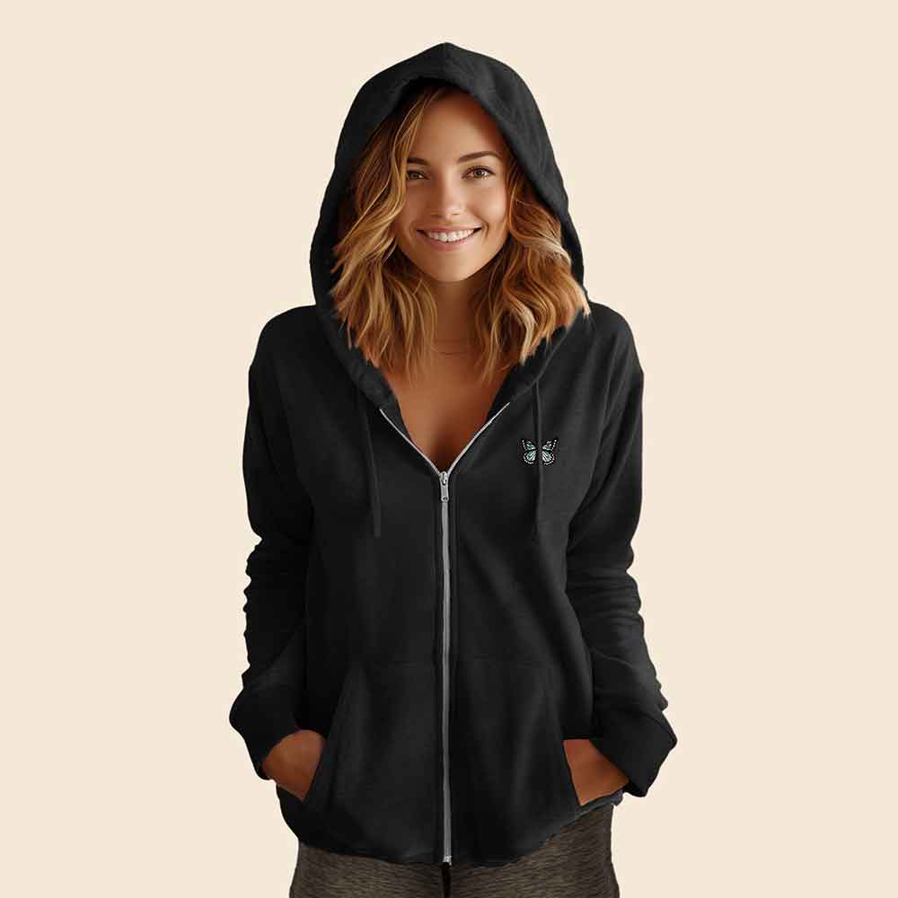 Dalix Butterfly Embroidered Fleece Zip Hoodie Cold Fall Winter Women in Bone M Medium