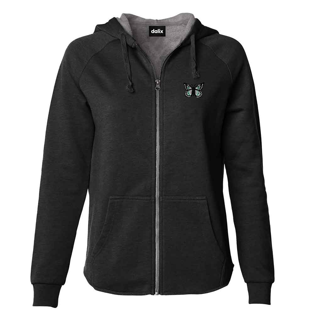 Dalix Butterfly Embroidered Fleece Zip Hoodie Cold Fall Winter Women in Black XS X-Small