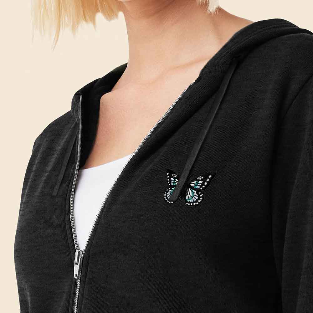 Dalix Butterfly Embroidered Fleece Zip Hoodie Cold Fall Winter Women in Black XL X-Large