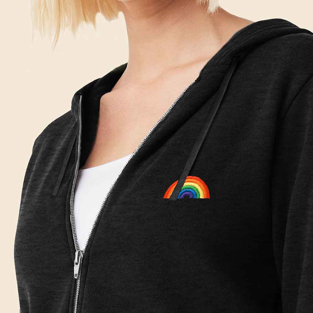 Dalix Rainbow Embroidered Fleece Zip Hoodie Cold Fall Winter Women in Bone XL X-Large