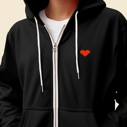 Dalix Pixel Heart Embroidered Zip Hoodie Fleece Long Sleeve Pocket Warm Soft Mens in Black 2XL XX-Large