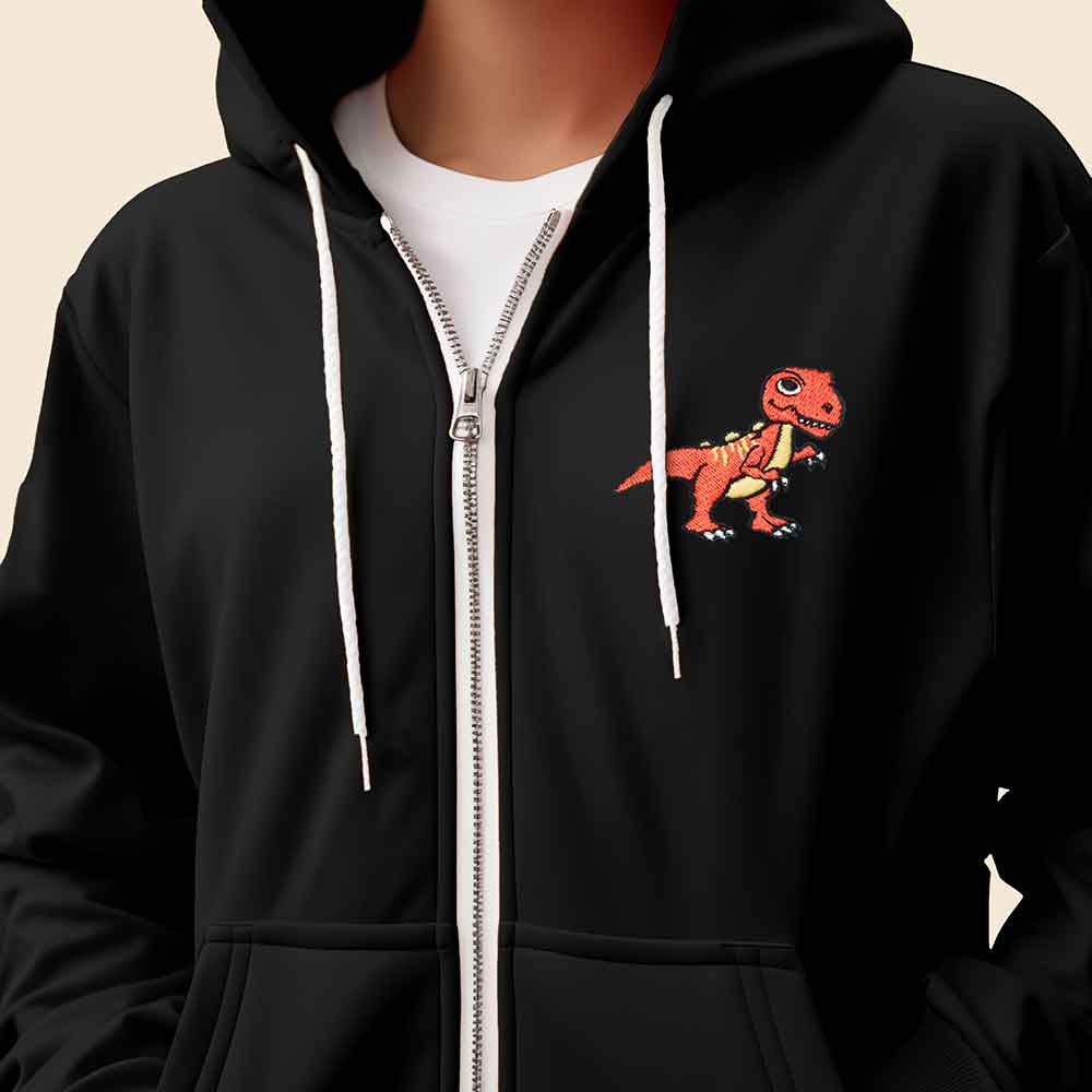 Dalix Embroidered T-Rex Zip Hoodie Soft Fleece Hood Sweatshirt Mens in Military Green S Small