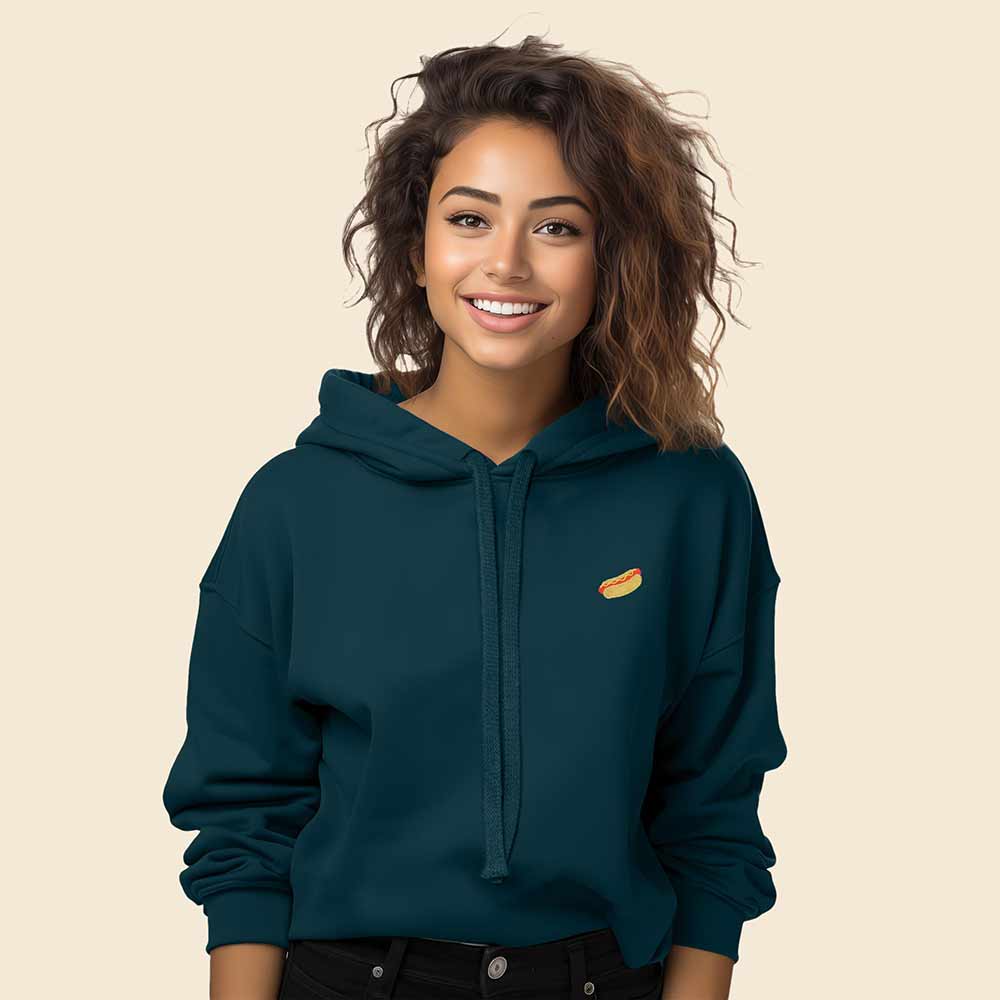 Dalix Hot Dog Ghost Embroidered Fleece Cropped Hoodie Cold Fall Winter Women in Atlantic Green 2XL XX-Large