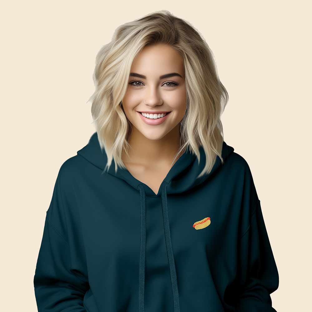 Dalix Hot Dog Ghost Embroidered Fleece Cropped Hoodie Cold Fall Winter Women in Atlantic Green 2XL XX-Large