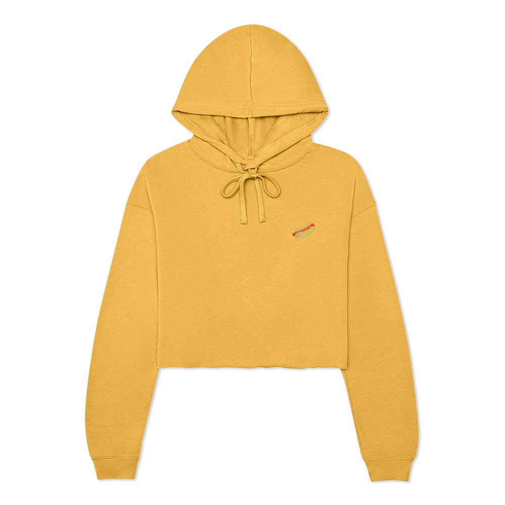 Dalix Hot Dog Ghost Embroidered Fleece Cropped Hoodie Cold Fall Winter Women in Heather Mustard 2XL XX-Large