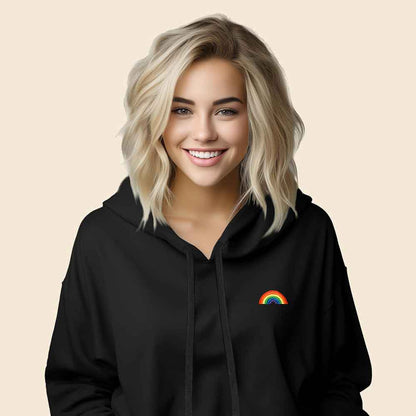 Dalix Rainbow Embroidered Fleece Cropped Hoodie Cold Fall Winter Women in Black S Small