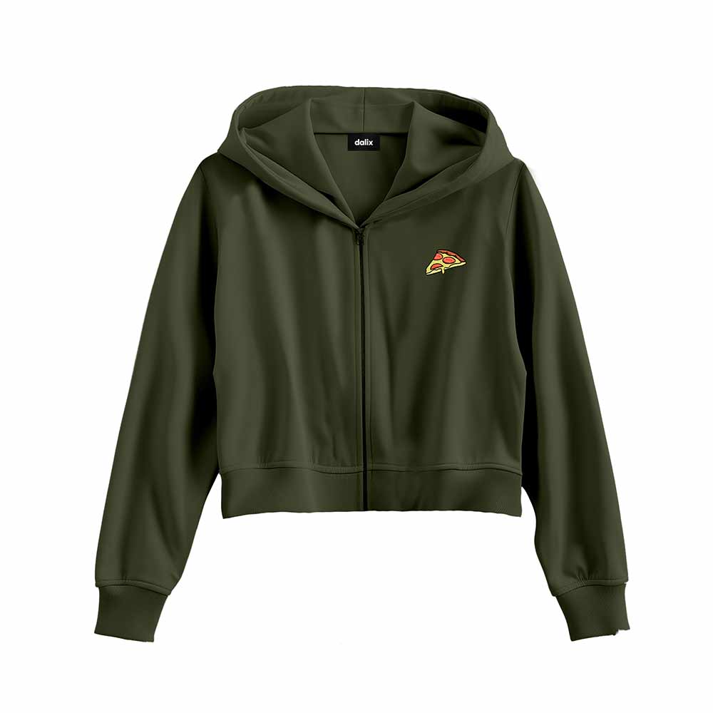 Dalix Pizza Embroidered Fleece Cropped Zip Hoodie Cold Fall Winter Womens in Military Green 2XL XX-Large