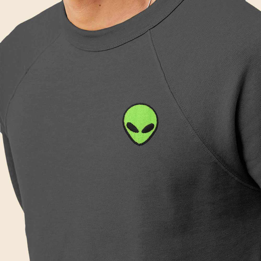 Dalix Alien Embroidered Fleece Crewneck Long Sleeve Sweatshirt Mens in Asphalt Gray 2XL XX-Large