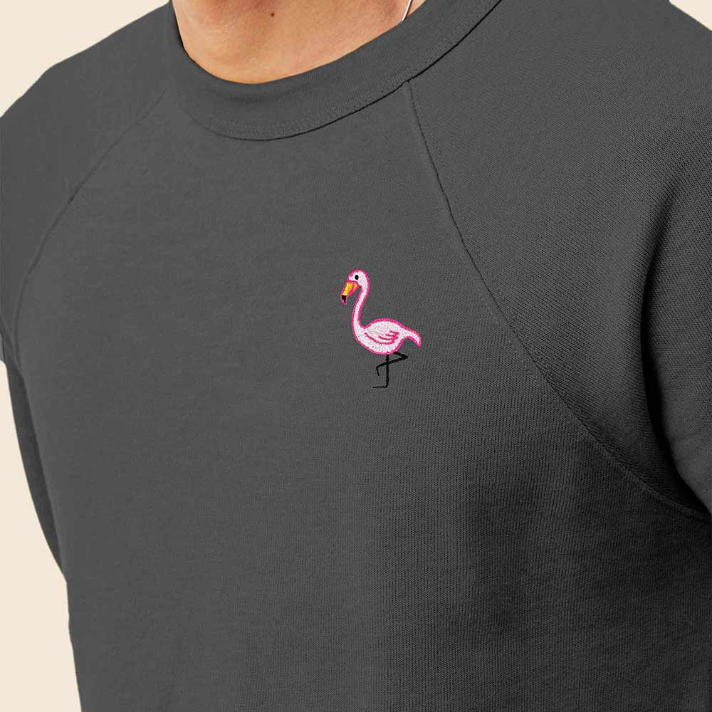 Dalix Flamingo Embroidered Fleece Crewneck Long Sleeve Sweatshirt Mens in Asphalt Gray 2XL XX-Large