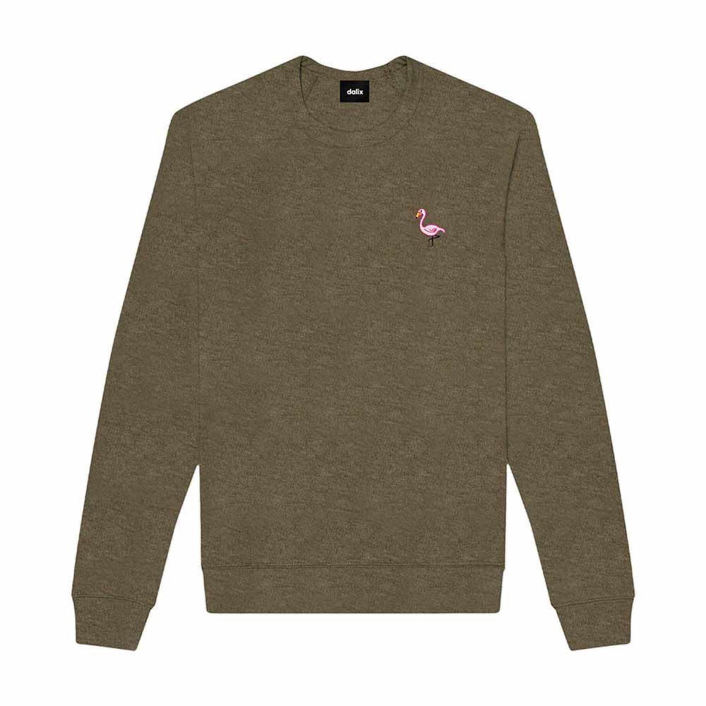 Dalix Flamingo Embroidered Fleece Crewneck Long Sleeve Sweatshirt Mens in Heather Olive 2XL XX-Large