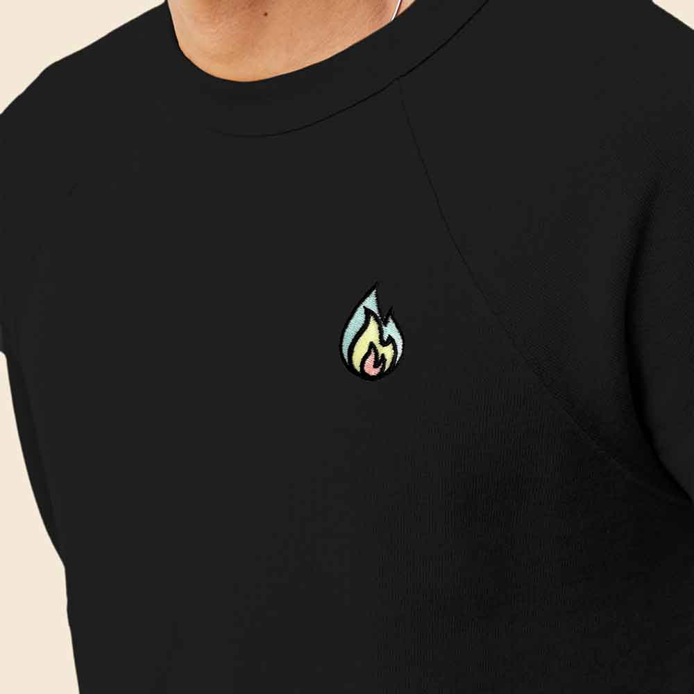 Dalix Fire Embroidered Crewneck Fleece Sweatshirt Pullover Glow in the Dark Mens in Heather Blue Lagoon 2XL XX-Large