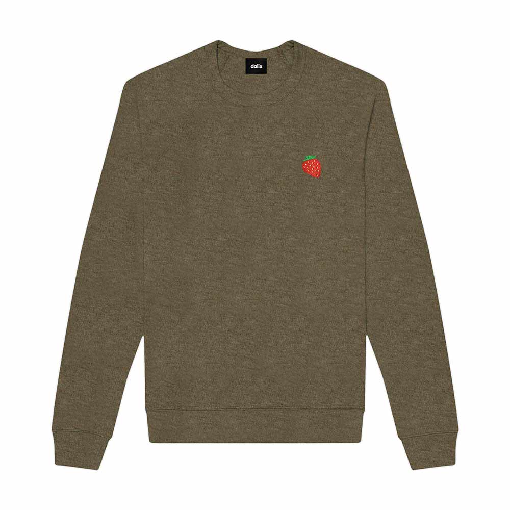 Dalix Strawberry Embroidered Fleece Crewneck Long Sleeve Sweatshirt Mens in Heather Olive 2XL XX-Large